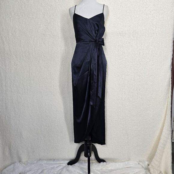 After Six 6828 Midnight Blue Charmeuse Faux Wrap Midi Dress Tulip Skirt 12R - Picture 1 of 9